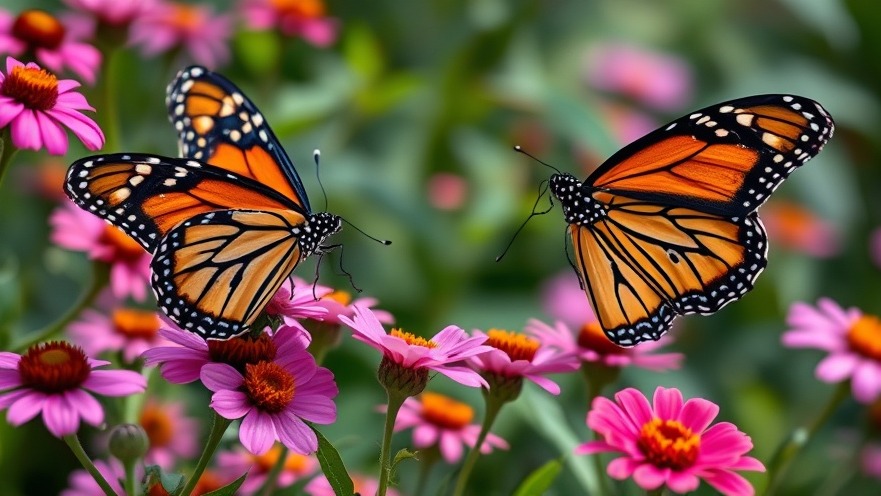 Photorealistic monarch butterflies in a wildflower garden, promoting biodiversity conservation.