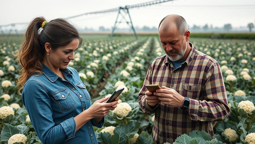 Farmers using smartphones in a cauliflower field, showcasing sustainable agriculture solutions.