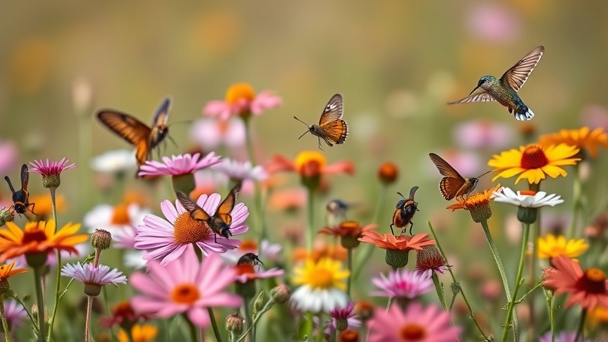 Vibrant wildflowers with butterflies and hummingbirds, showcasing natural landscaping for a sustainable home design.