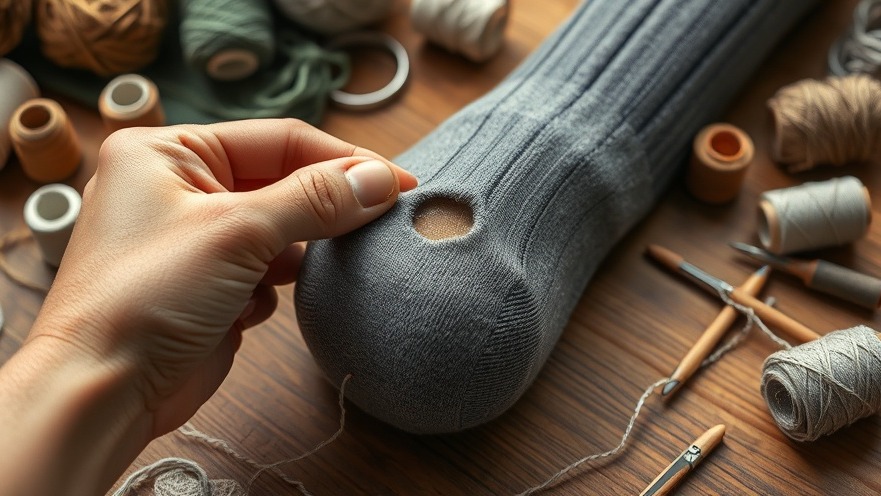 Hand repairing a gray sock, promoting upcycling and reducing textile waste.