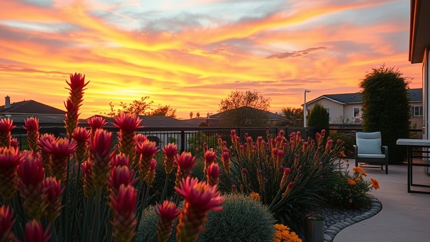 Heat tolerant garden at sunset, showcasing eco-friendly gardening and sustainable design.