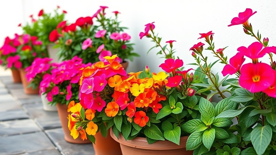 Vibrant Portulaca and salvia flowers in pots, showcasing sustainable home design.
