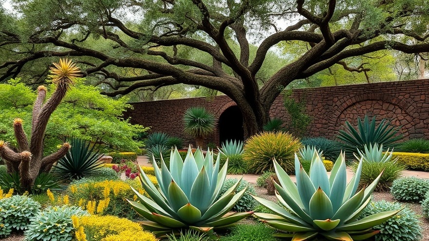 Lush Texas garden showcasing eco-friendly gardening with agave, stone wall, and trees.