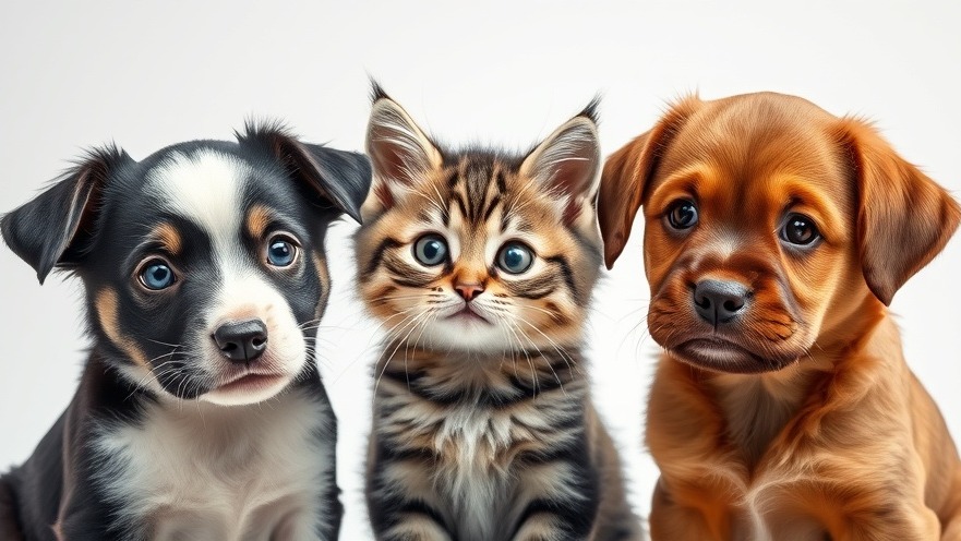 Curious black and white puppy and fluffy tabby cat, exploring eco-friendly pet products.