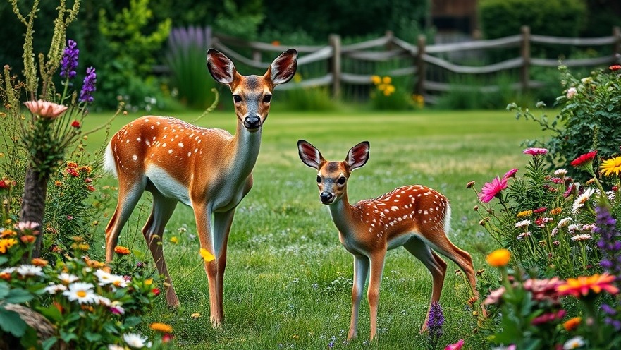 Charming backyard showcasing sustainable home design with a mother deer and fawn among wildflowers.