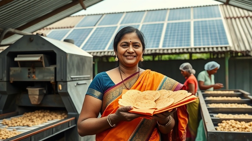 Confident woman in traditional Indian attire smiling with papads, near solar-powered processing machine. energy poverty technology.