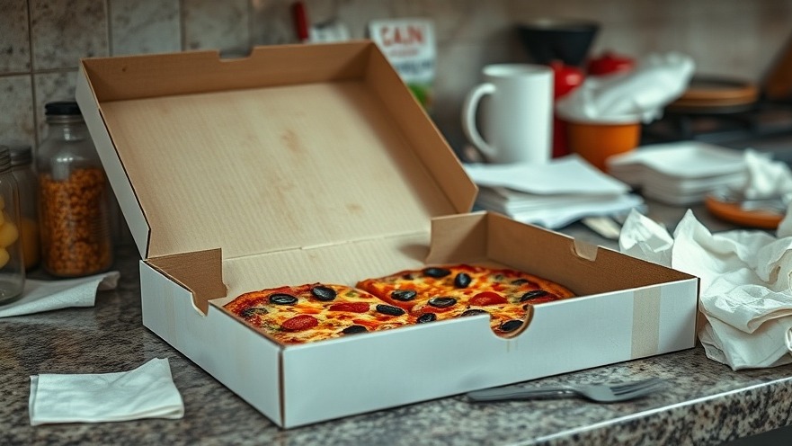 Chaotic kitchen counter with pizza box reflecting sustainable food service and eco-friendly practices.