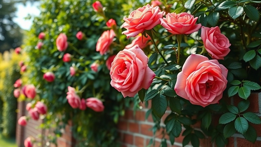 Vibrant Parkdirektor Riggers roses blooming on a brick wall, showcasing eco-friendly gardening.