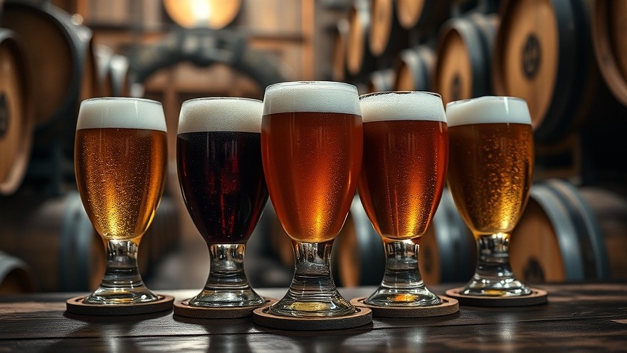 Five frothy glasses of vegan beer in a rustic brewery, showcasing sustainable breweries.