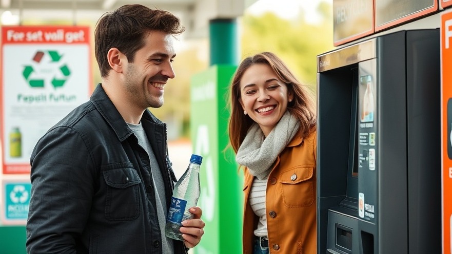 Cheerful couple using a deposit return machine for plastic recycling outdoors.