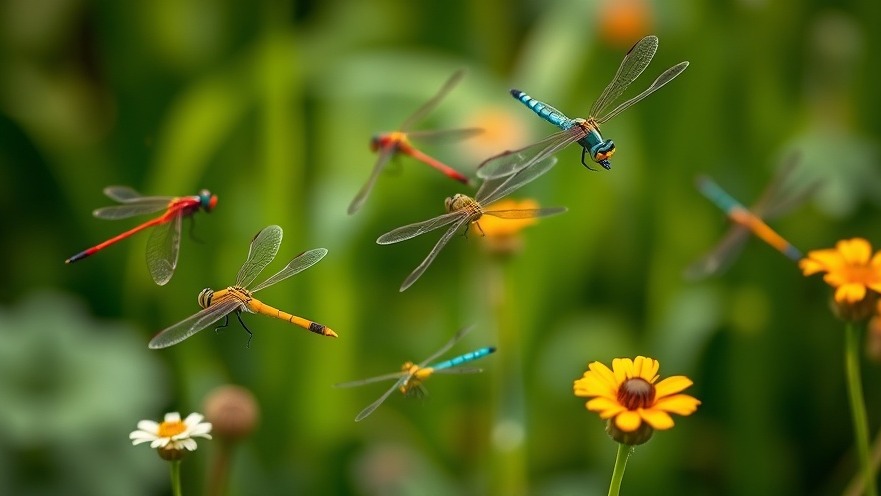 Vibrant damselflies and dragonflies in a sustainable home design meadow.