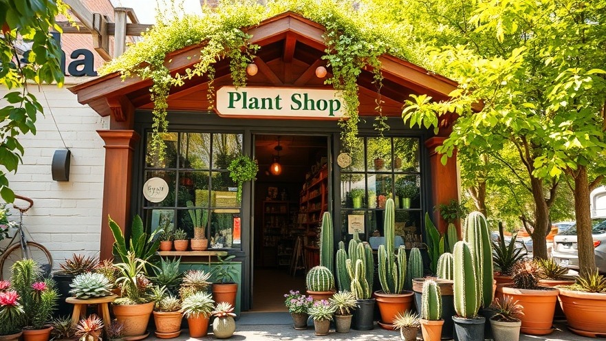 Charming entrance of eco-friendly gardening shop with vibrant succulents and cacti.
