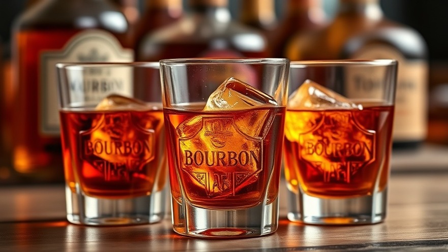 Photorealistic bourbon rocks glasses showcasing Kentucky bourbon, highlighting heirloom grains.