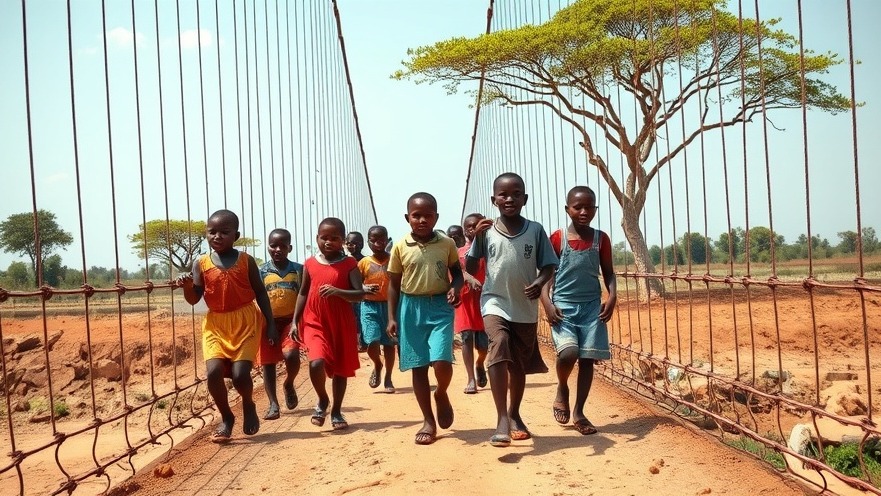 Curious African children exploring a suspension bridge, embodying sustainability goals.