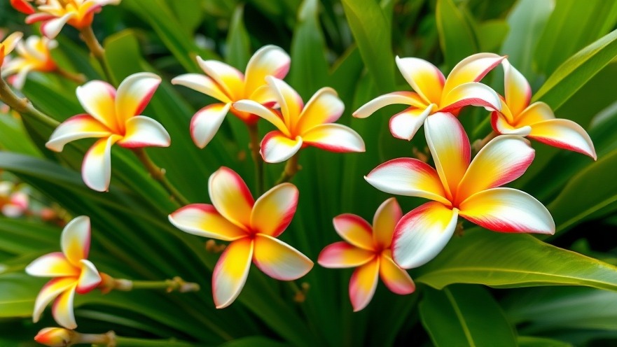 Vibrant plumeria flowers in a tropical garden, showcasing eco-friendly gardening.