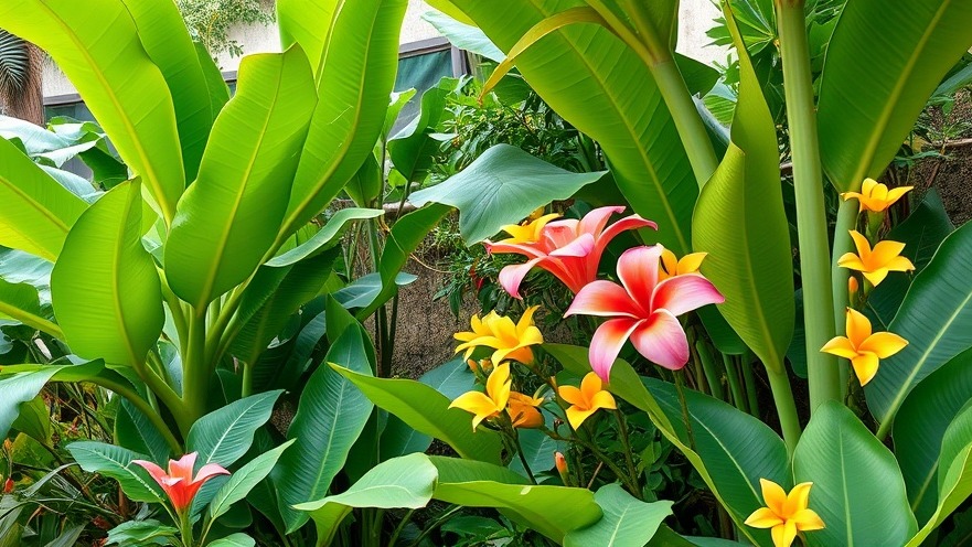 Lush banana plant garden showcasing eco-friendly gardening with vibrant foliage and bright flowers.