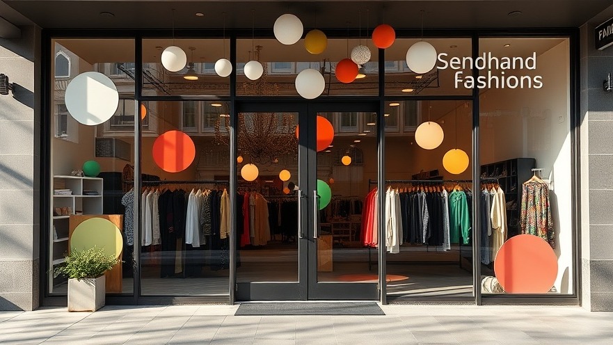 Modern storefront with sustainable packaging solutions and secondhand fashion display.