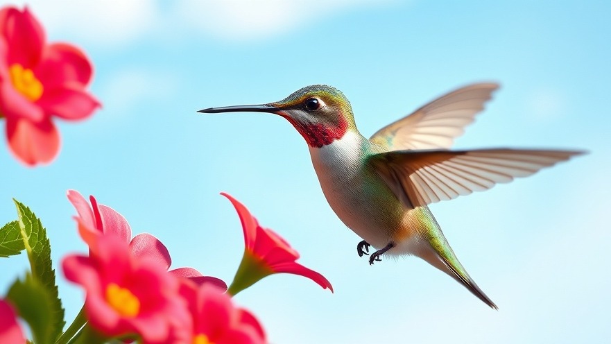 Hummingbird feeding on vibrant flowers in a serene sustainable home design setting.