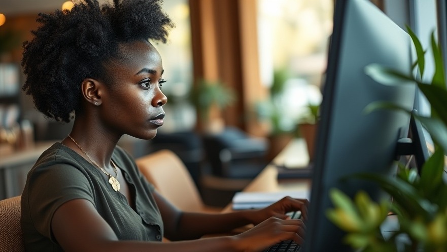 Focused Kenyan woman at a boutique hotel desk, promoting sustainability goals.