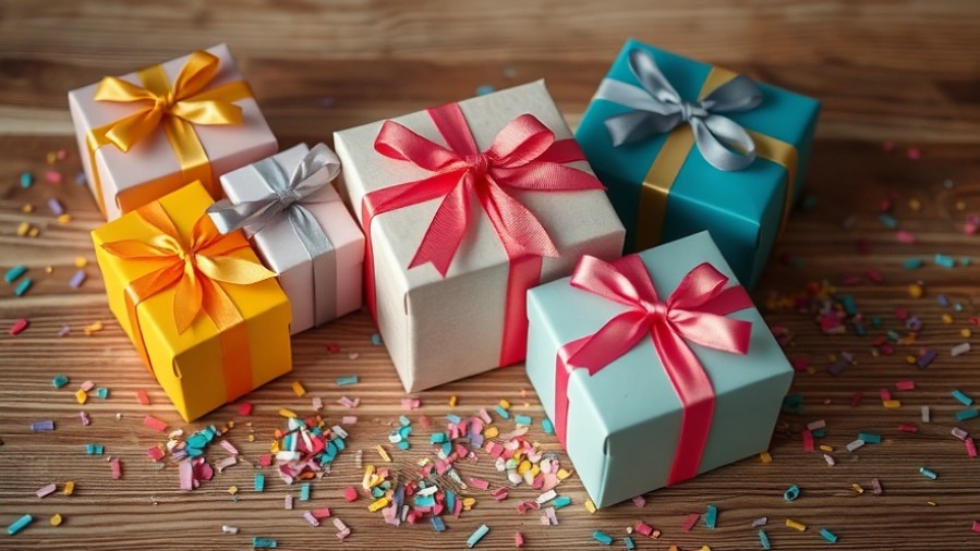 Elegant sustainable gifts in vibrant boxes with ribbons on a wooden surface.