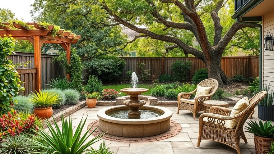 Tranquil eco-friendly garden with rustic patio, trellises, and vibrant native plants.