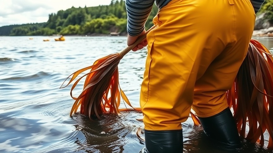 Person in yellow hip waders harvesting kelp, supporting sustainability goals in marine ecosystem restoration.