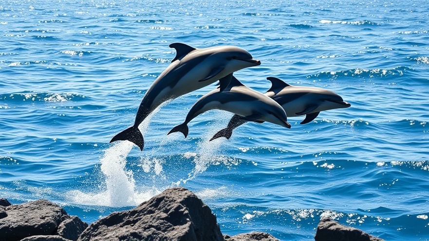 Graceful dolphins leaping in sparkling blue ocean, showcasing marine ecosystems and eco-friendly practices.