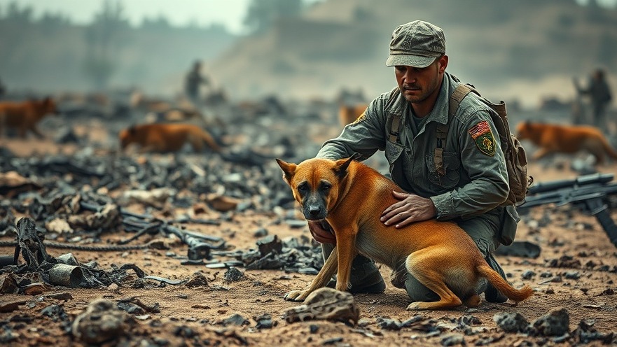 Soldier shows compassion for animals in a war-torn landscape, highlighting animal welfare.