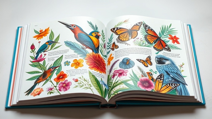 Vibrant wildlife book on eco-friendly gardening, showcasing flora and fauna illustrations.