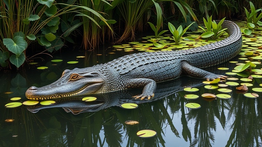 Photorealistic alligator in serene wetland, highlighting ecosystem health and pollution awareness.