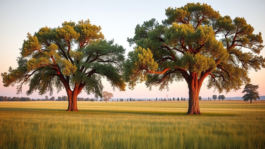 Photorealistic serene meadow with mature cedar trees for sustainable home design.