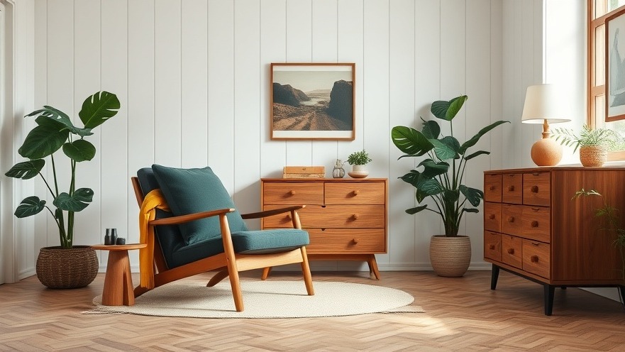 Mid-century room featuring eco-friendly furniture and a calming atmosphere.