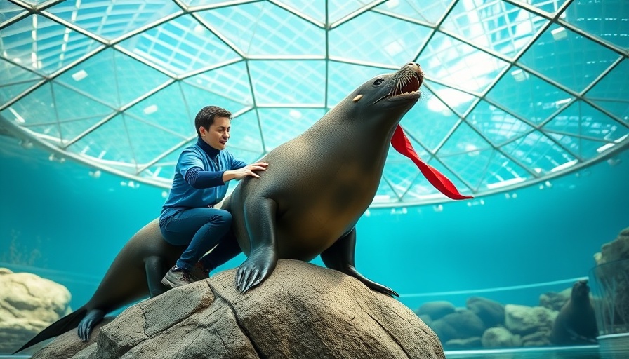 Animal transfers Miami Seaquarium: Trainer with sea lion in dome.