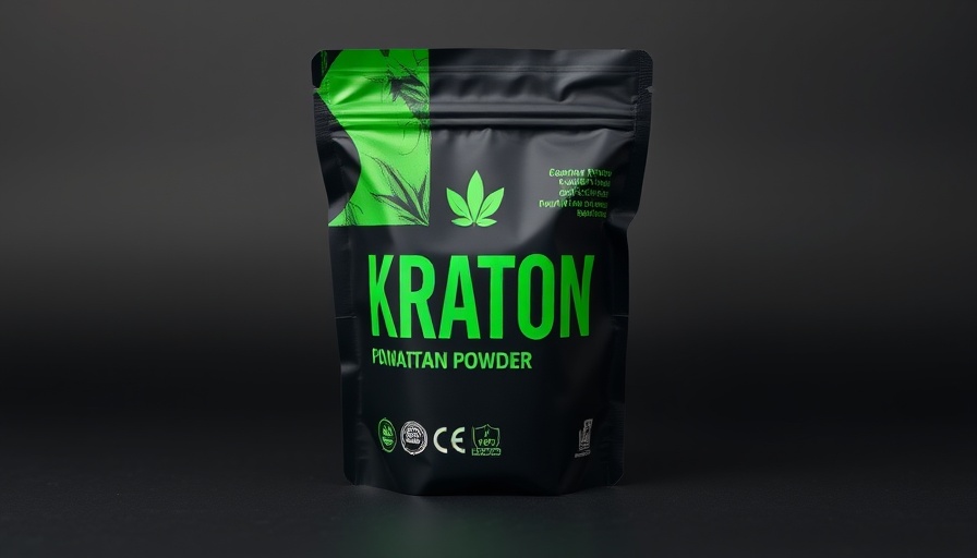 Kratom powder packaging with bold branding and green accents.