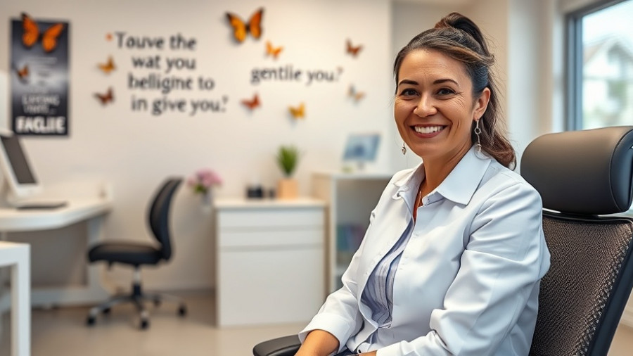 Smiling woman in a medical office during genetic testing for breast cancer.