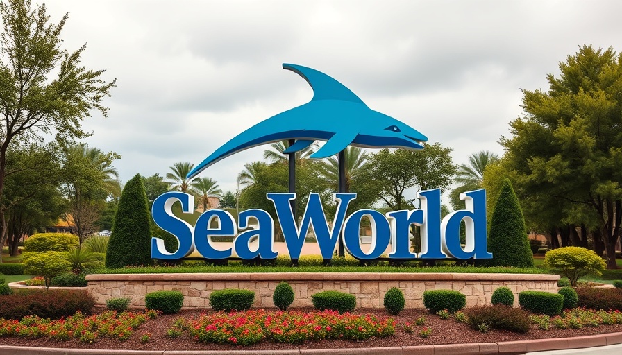 SeaWorld entrance sign amidst lush landscaping for 4th of July.