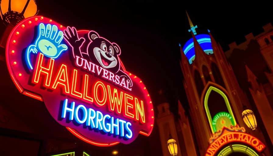 Neon sign for Universal Studios Halloween Horror Nights with bear logo.