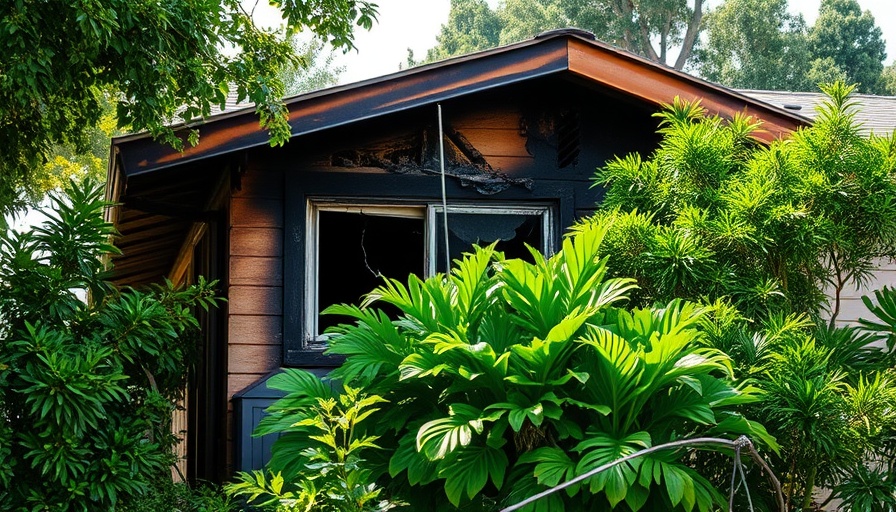 Miami Gardens house fire aftermath with charred window and green foliage.
