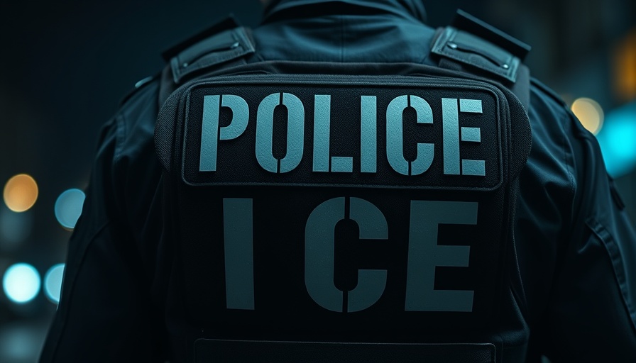 Close-up of Police ICE vest in dim light, related to Miami ICE agreement.