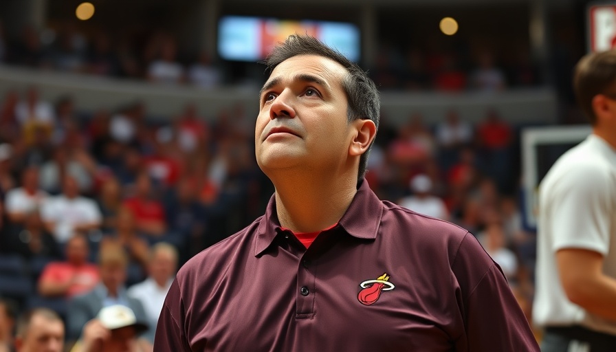 Miami Heat coach at game amid trade rumors, focused expression.