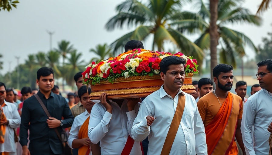 Somber procession carrying flower-covered bier with community support.