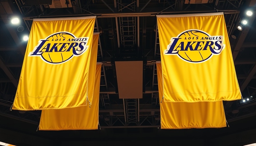 Los Angeles Lakers championship banners hanging in arena.