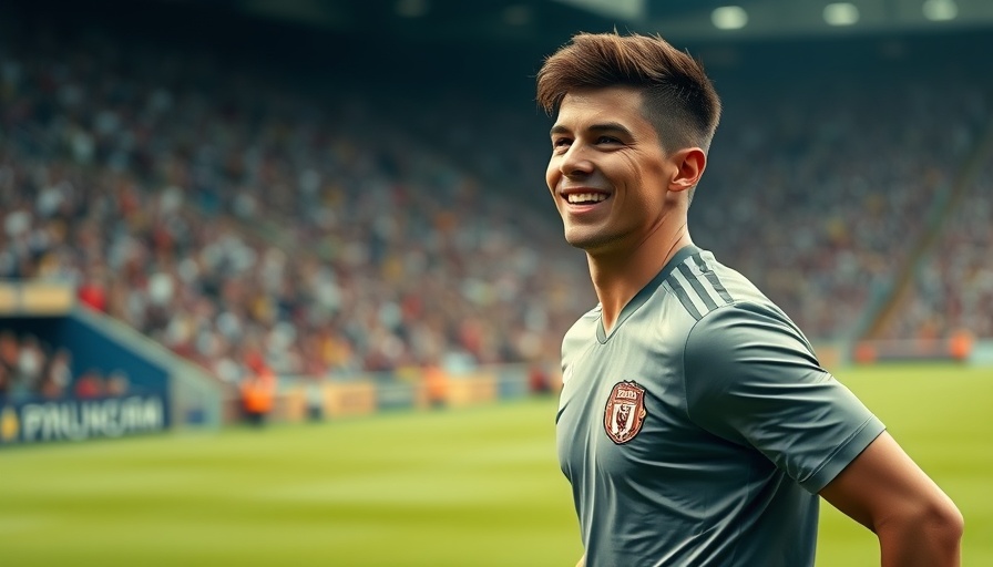 Soccer player in action, smiling on the field, photorealistic.