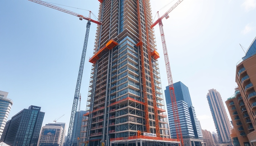 Construction of Edgewater apartment tower with cranes and workers.