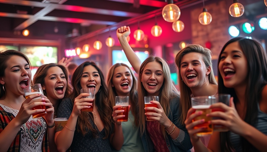 Excited group celebrating indoors, vibrant bar scene.