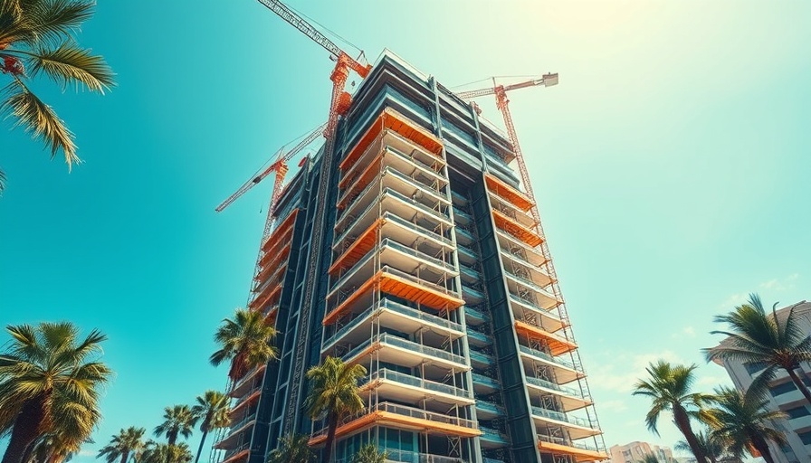 Hallandale Beach mixed-use condo project construction with cranes and palm trees.
