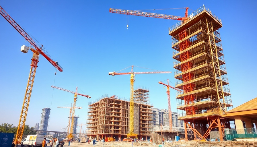 Oak Row construction site with cranes and workers in Edgewater.