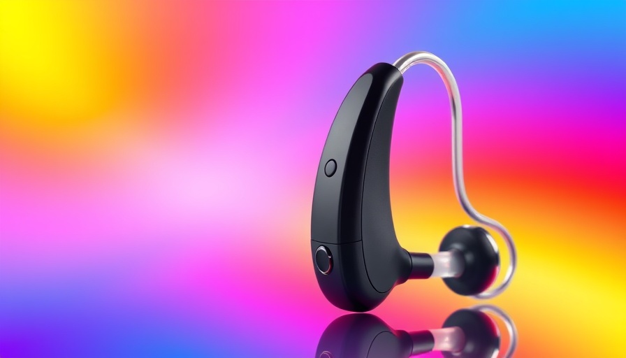Sleek modern hearing aids on colorful background for at-home prescription hearing aids test.