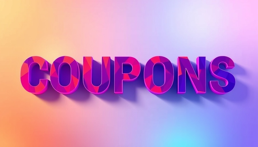 Colorful typography with 'COUPONS' and vibrant gradient background.