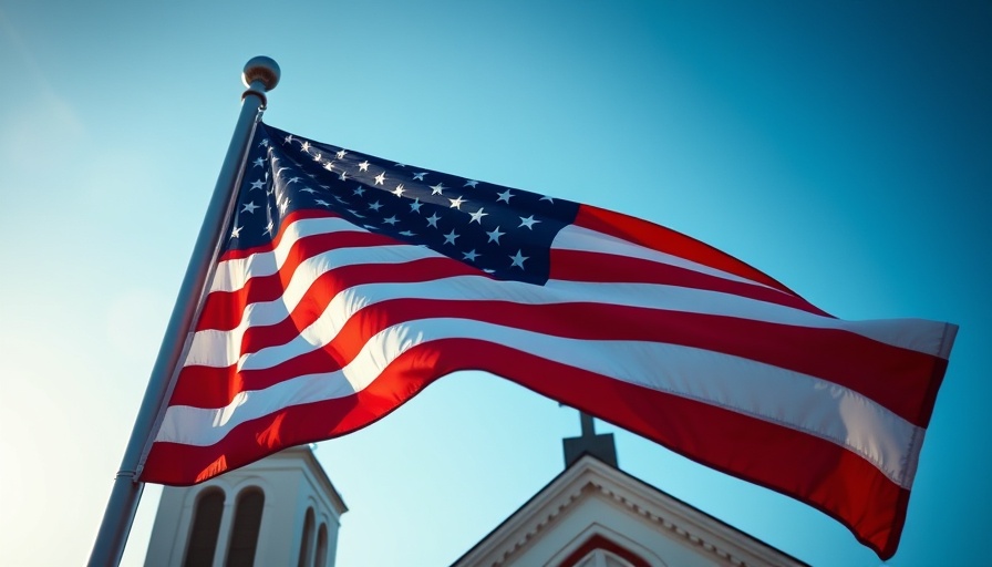 American flag with church and cross, symbolizing Christian nationalism.